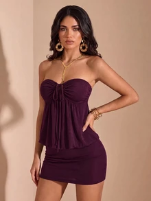 Glamine Burgundy Shimmer Knit Bandeau Bodycon Mini Dress Drawstring Ruched Y2K Sexy Flirty Outfit Night Club Party Summer - Purple - View 4