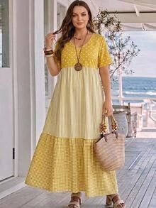 Rosumi Plus Size Summer Casual Color Block Striped Polka Dot Plaid Print Dress - Yellow - View 12