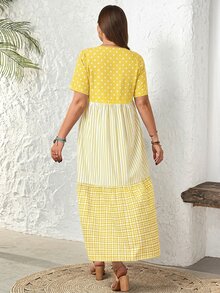 Rosumi Plus Size Summer Casual Color Block Striped Polka Dot Plaid Print Dress - Yellow - View 2