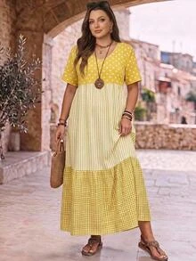 Rosumi Plus Size Summer Casual Color Block Striped Polka Dot Plaid Print Dress - Yellow - View 13