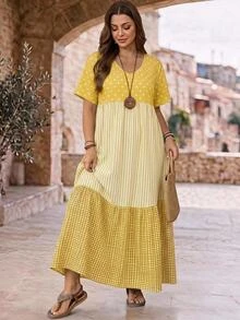 Rosumi Plus Size Summer Casual Color Block Striped Polka Dot Plaid Print Dress - Yellow - View 3