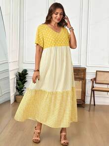 Rosumi Plus Size Summer Casual Color Block Striped Polka Dot Plaid Print Dress - Yellow - View 6