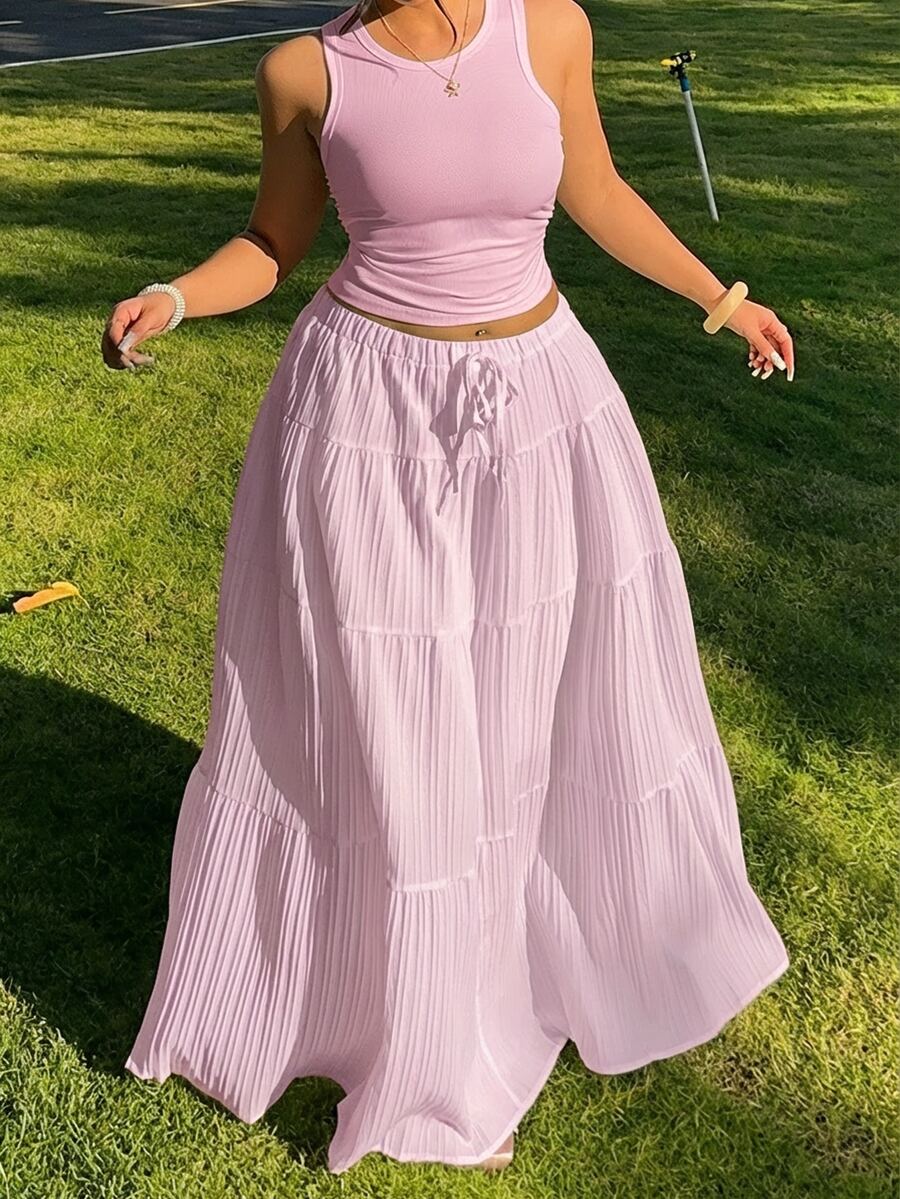 GalTyme Fuchsia Pink Sleeveless Maxi Skirt Plus Size 2 Pieces Set Vacation Cruise Summer Bohemian Casual Soft Form Boho Formal Brunch - Baby Pink - View 1