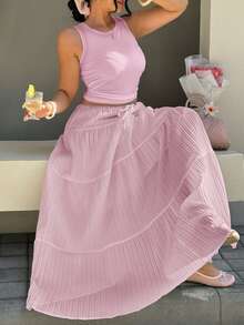GalTyme Fuchsia Pink Sleeveless Maxi Skirt Plus Size 2 Pieces Set Vacation Cruise Summer Bohemian Casual Soft Form Boho Formal Brunch - Baby Pink - View 4