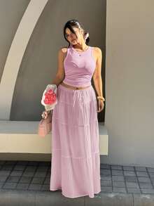 GalTyme Fuchsia Pink Sleeveless Maxi Skirt Plus Size 2 Pieces Set Vacation Cruise Summer Bohemian Casual Soft Form Boho Formal Brunch - Baby Pink - View 3