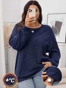 Rosumi 大尺碼女款海軍藍純色高領落肩長袖羅紋抓絨套頭連帽衫，休閒寬鬆西式柔軟秋季度假正式款 - 藍色 - 查看 3
