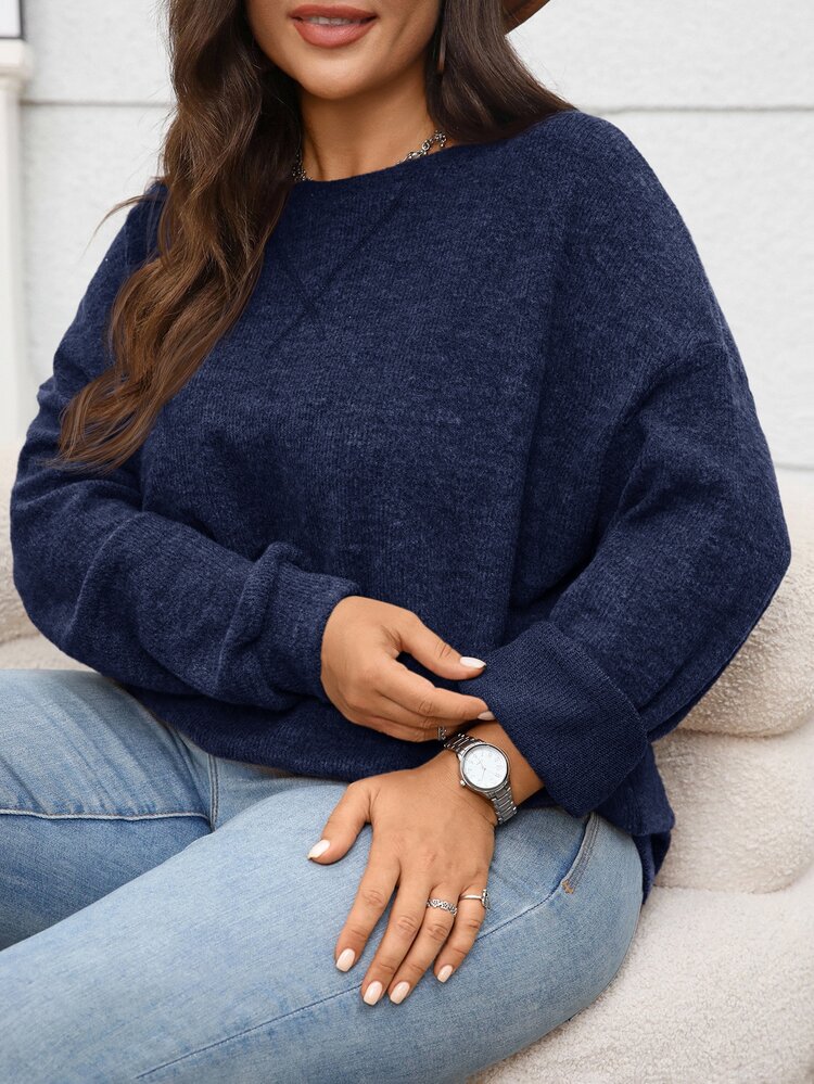 Rosumi Plus Size Women's Navy Blue Solid High Neck Drop Shoulder Long Sleeve Ribbed Fleece Pullover Hoodies Casual Baggy Western Soft Autumn Vacation Formal - Blue - View 6