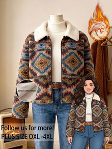 Rusticease Plus Size Women's Geometric Pattern Long Sleeve Zip-Up Jacket Teacher Club Going Out Teacher Concert Brown Winter Casual Goth Western - Khaki - View 1