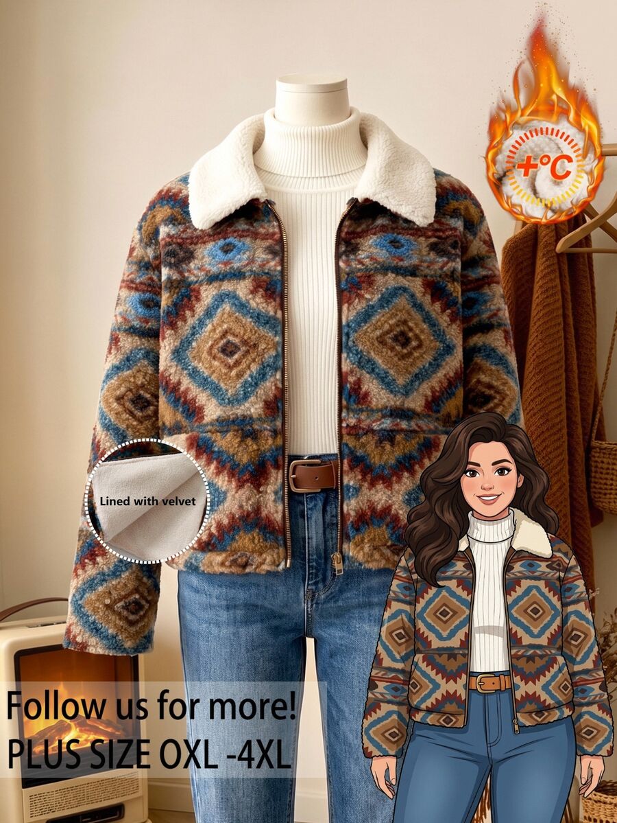 Rusticease Plus Size Women's Geometric Pattern Long Sleeve Zip-Up Jacket Teacher Club Going Out Teacher Concert Brown Winter Casual Goth Western - Khaki - View 1