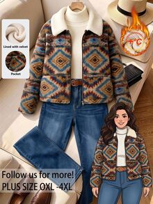 Rusticease Plus Size Women's Geometric Pattern Long Sleeve Zip-Up Jacket Teacher Club Going Out Teacher Concert Brown Winter Casual Goth Western - Khaki - View 2