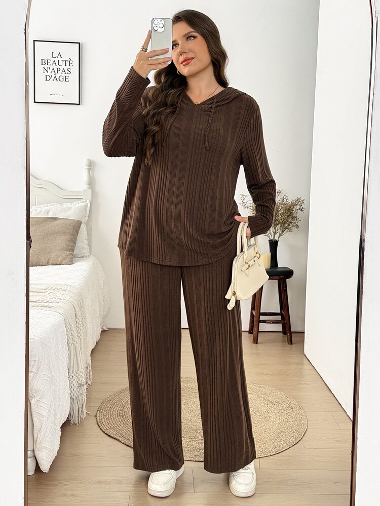 Easowa Curve Plus Size Autumn/Winter Casual Solid Color Hoodie & Pants 2 Pieces Set Fall - Coffee Brown - View 5