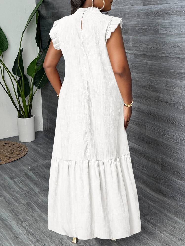 Zivah All White Summer Elegant Party Vacation Plus Size Women Dress, Sleeveless Ruffle Trim Collar Loose Woven Textured Fabric Casual Solid Long - White - View 4