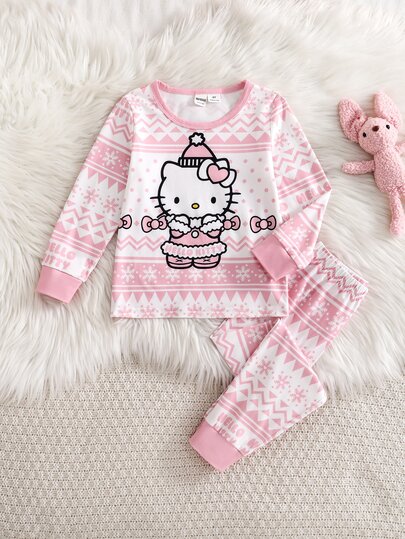 HELLO KITTY AND FRIENDS | SHEIN Young Girls Pajamas 2 Pieces Set All-Season Pink Knit Long Sleeve Top Long Pants Home Wear Christmas 7th Birthday Baby Pink Fall