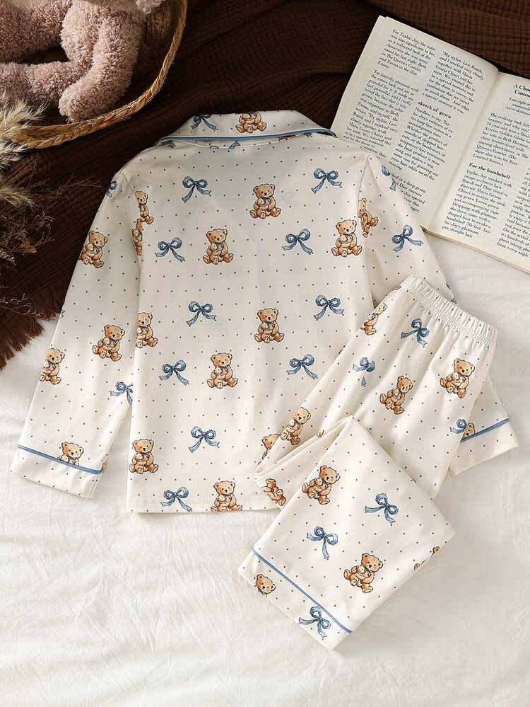 SHEIN Girls Sweet Cute Elegant Casual Daily Comfortable Pink Bear Bow Cartoon Print Open Front Long Sleeve Top And Pants 2pcs Loungewear Set - Multicolor - View 2