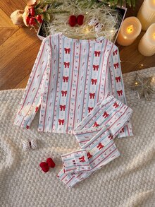 SHEIN 女童聖誕蝴蝶結秋冬修身長袖印花雪花睡衣套裝 - 彩色 - 查看 2