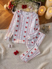 SHEIN 女童聖誕蝴蝶結秋冬修身長袖印花雪花睡衣套裝 - 彩色 - 查看 1
