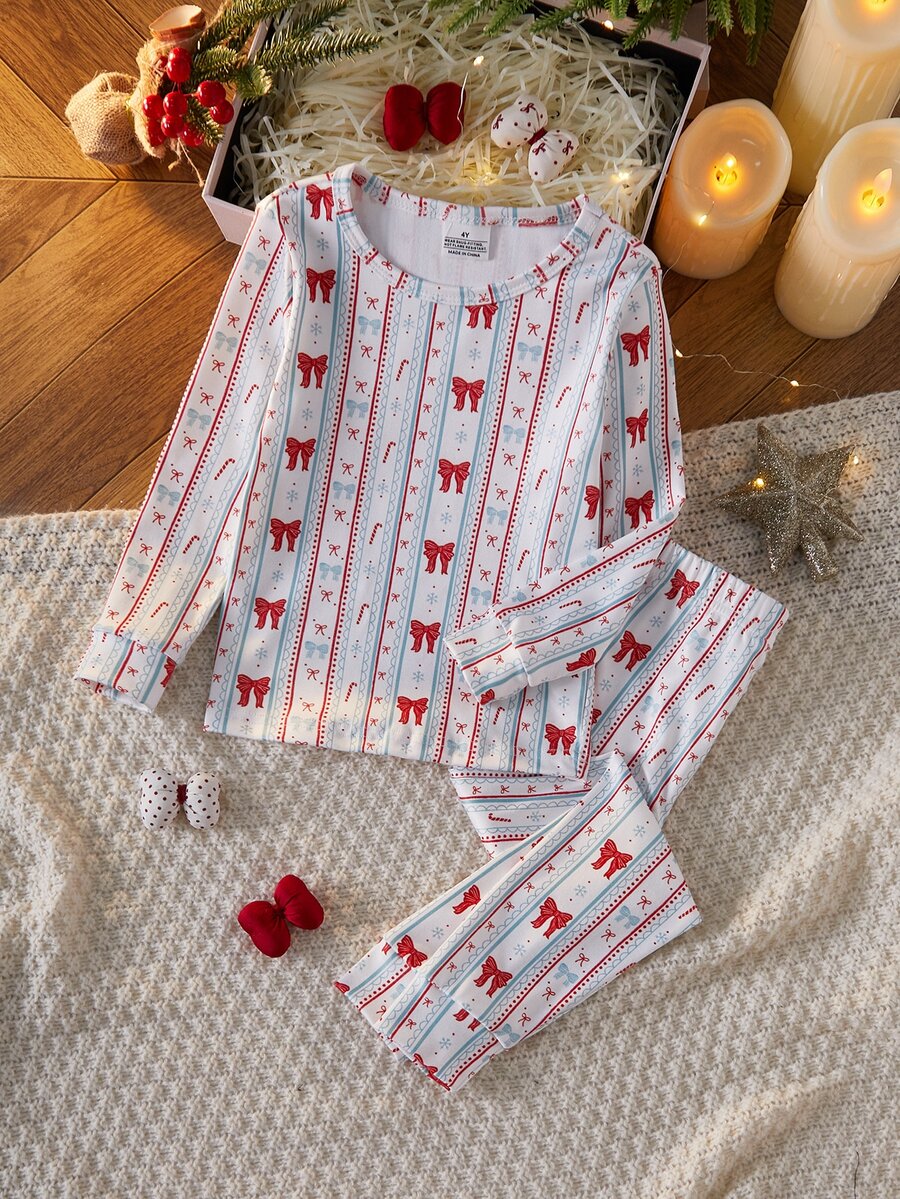 SHEIN 女童聖誕蝴蝶結秋冬修身長袖印花雪花睡衣套裝 - 彩色 - 查看 1