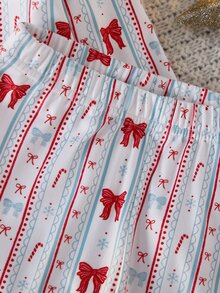 SHEIN 女童聖誕蝴蝶結秋冬修身長袖印花雪花睡衣套裝 - 彩色 - 查看 6