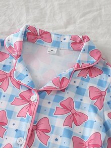 SHEIN 女童甜美可愛優雅休閒日常舒適粉色蝴蝶結卡通印花前開襟長袖上衣與長褲2件套居家服 - 彩色 - 查看 4