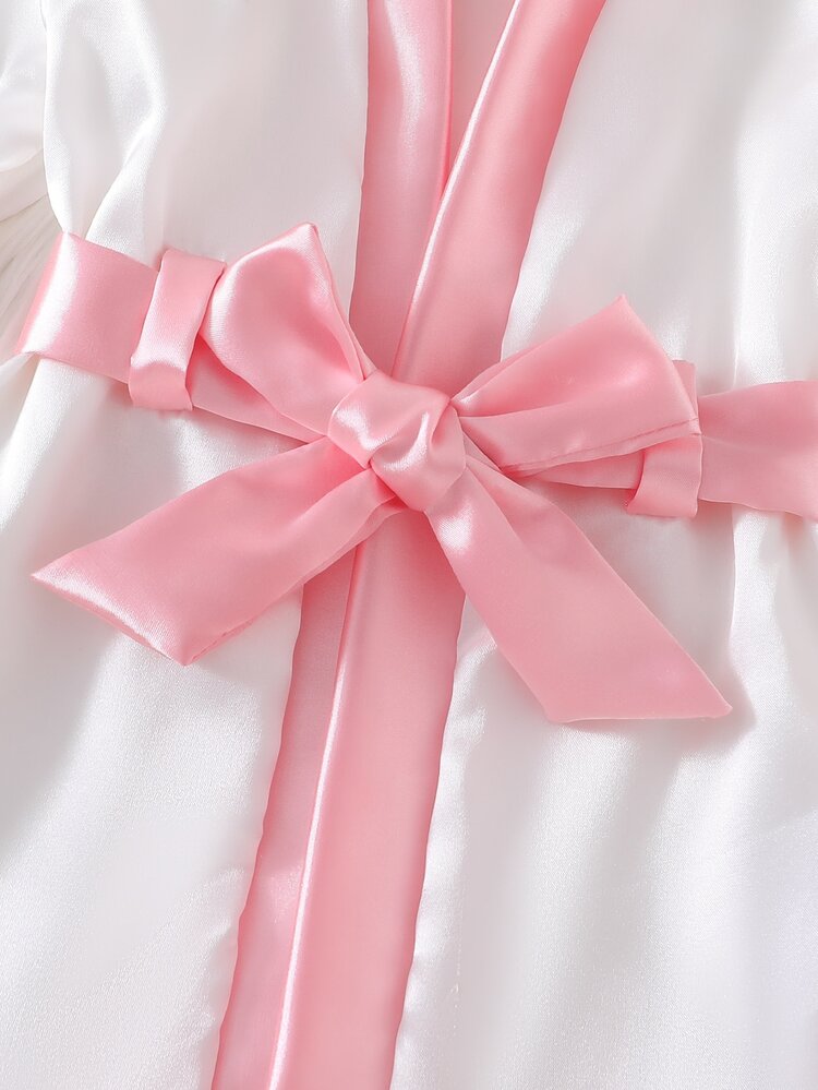 Newborn Baby Girl Robe, Solid Color Silk Fabric, With Ruffle Trim Soft Solid Color Tie Photoshoot Baby Shower White And Pink Fall Cute Elegant - Multicolor - View 4