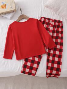 2pcs/Set Boys' Home Wear, Solid Color Long Sleeve Top And Plaid Print Long Pants, Comfortable Soft Loungewear Set - Red - View 2