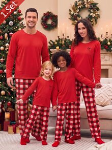 2pcs/Set Boys' Home Wear, Solid Color Long Sleeve Top And Plaid Print Long Pants, Comfortable Soft Loungewear Set - Red - View 4
