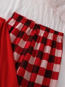 2pcs/Set Boys' Home Wear, Solid Color Long Sleeve Top And Plaid Print Long Pants, Comfortable Soft Loungewear Set - Red - View 7