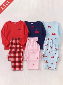 2pcs/Set Boys' Home Wear, Solid Color Long Sleeve Top And Plaid Print Long Pants, Comfortable Soft Loungewear Set - Red - View 1