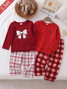 2pcs/Set Boys' Home Wear, Solid Color Long Sleeve Top And Plaid Print Long Pants, Comfortable Soft Loungewear Set - Red - View 8
