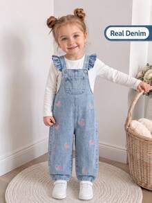 SHEIN Genkimix Kids Girls' Light Blue Denim Overalls, Flutter Sleeve Pink Heart Embroidery, Loose Straight Leg, Autumn Fall School - Light Wash - View 4