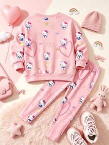 HELLO KITTY AND FRIENDS | SHEIN 女嬰心形糖果印花淺粉色卡通圓領運動衫與彈性內搭褲2件套，春/秋季 - 粉色 - 查看 2