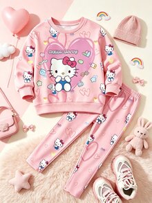 HELLO KITTY AND FRIENDS | SHEIN 女嬰心形糖果印花淺粉色卡通圓領運動衫與彈性內搭褲2件套，春/秋季 - 粉色 - 查看 7