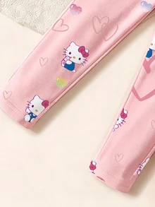 HELLO KITTY AND FRIENDS | SHEIN 女嬰心形糖果印花淺粉色卡通圓領運動衫與彈性內搭褲2件套，春/秋季 - 粉色 - 查看 3