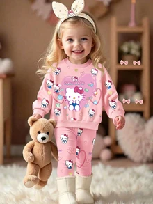 HELLO KITTY AND FRIENDS | SHEIN 女嬰心形糖果印花淺粉色卡通圓領運動衫與彈性內搭褲2件套，春/秋季 - 粉色 - 查看 6
