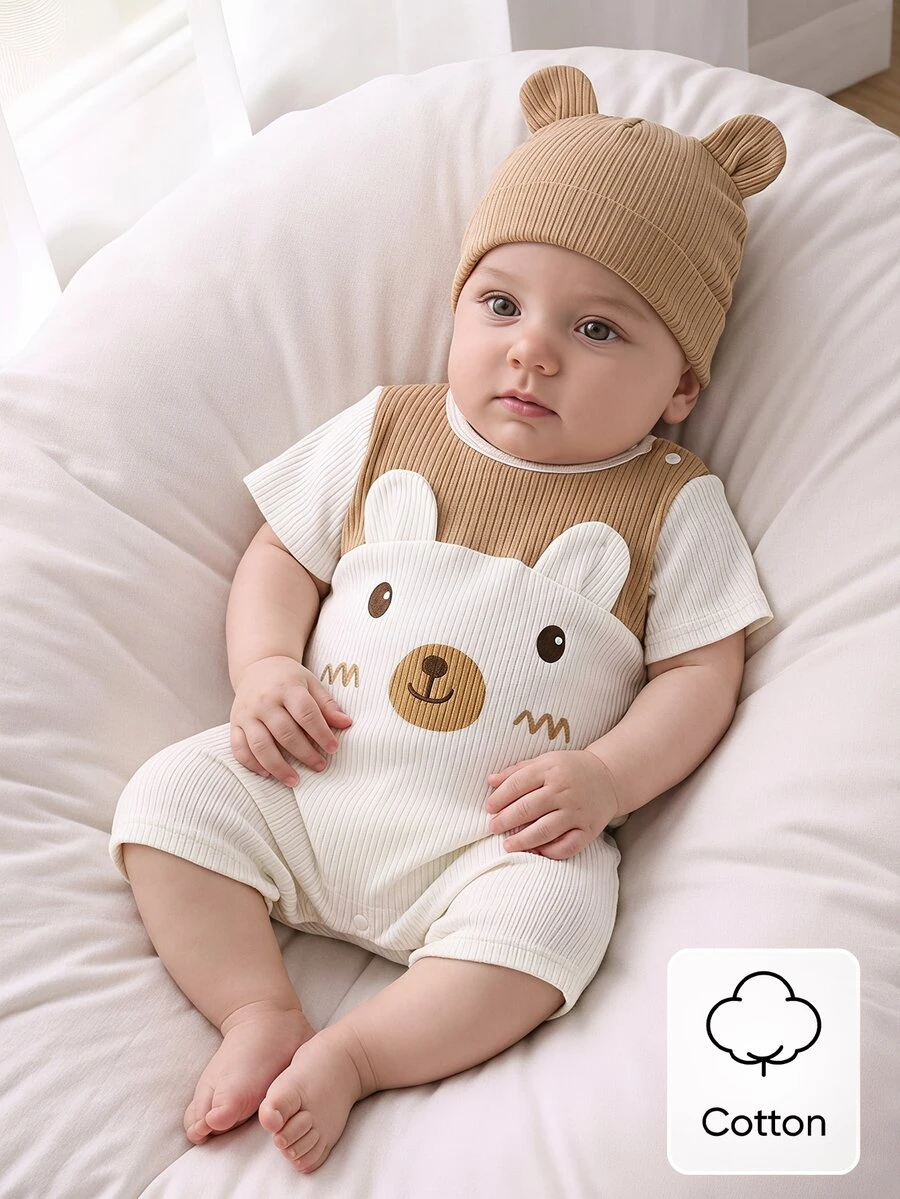 SHEIN 2pcs Newborn Baby Rib-Knit Jumpsuit Set, Cute Cartoon Bear Graphic Patchwork Short Sleeve Romper With Adorable Ear Beanie Hat, Daily Clothes - White - View 1