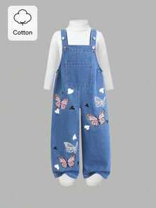 Elladie kids 女童卡通蝴蝶印花牛仔吊帶褲，休閒仙女公主風冬季服飾，適合節日、7歲生日、婚禮，白色藍色 - 藍色 - 查看 10