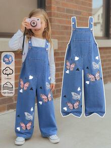 Elladie kids 女童卡通蝴蝶印花牛仔吊帶褲，休閒仙女公主風冬季服飾，適合節日、7歲生日、婚禮，白色藍色 - 藍色 - 查看 4