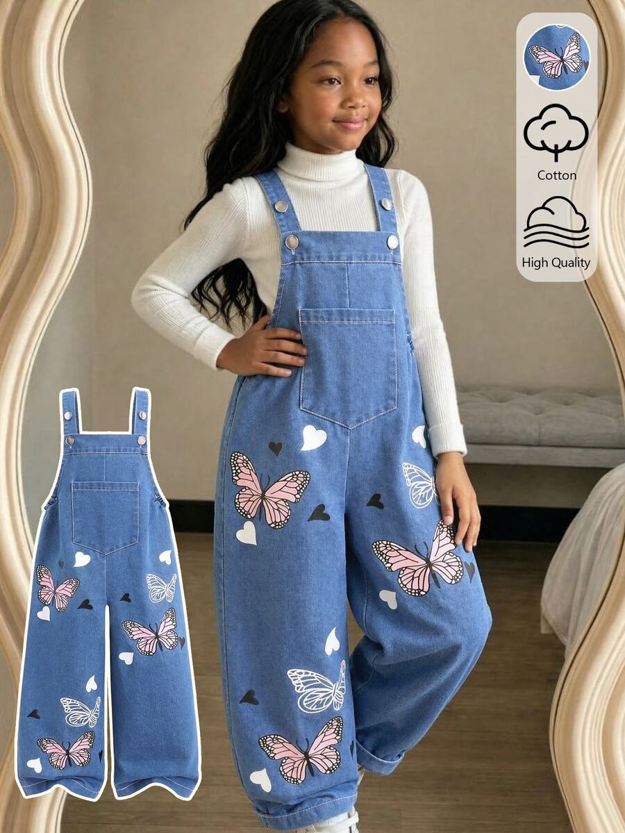 Elladie kids 女童卡通蝴蝶印花牛仔吊帶褲，休閒仙女公主風冬季服飾，適合節日、7歲生日、婚禮，白色藍色