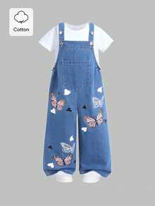 Elladie kids 女童卡通蝴蝶印花牛仔吊帶褲，休閒仙女公主風冬季服飾，適合節日、7歲生日、婚禮，白色藍色 - 藍色 - 查看 9