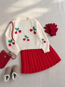 SHEIN 青少年女孩灰色特殊刺繡圓領套頭針織毛衣＋百褶裙套裝，柔軟舒適，適合日常穿著、外出、旅行與度假 - 紅色 - 查看 4