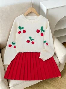 SHEIN 青少年女孩灰色特殊刺繡圓領套頭針織毛衣＋百褶裙套裝，柔軟舒適，適合日常穿著、外出、旅行與度假 - 紅色 - 查看 3