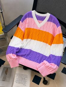 SHEIN 青少年女孩 V 領麻花編織長袖毛衣，4 色可選，適合秋冬穿著，可搭配大衣與鋪棉外套，學院度假風，馬卡龍配色針織衫 - 彩色 - 查看 5