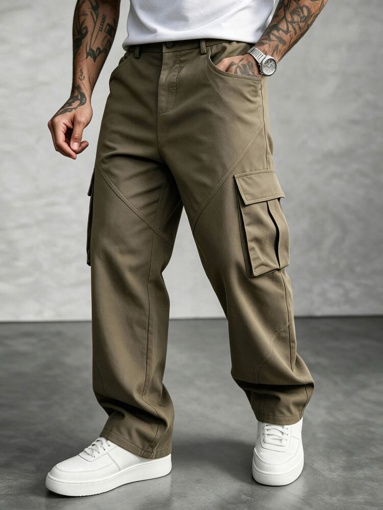 SLATEMANN Men's Casual Loose Multi-Pocket Cargo Pants - Army Green - View 3