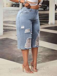 SHEIN CURVE+ Celana Capri Wanita Ukuran Plus Cowgirl Warna Biru, Tidak Melar, Berumbai, dan Berhiaskan Rhinestone dengan Detail Rusak dan Jumbai - Light Wash - View 5