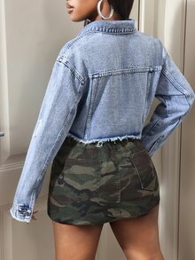 Slaydiva Women's Outdoor Fashion Short Distressed Frayed Hem Long Sleeve All-Season Blue Denim Jacket - Medium Wash - View 2