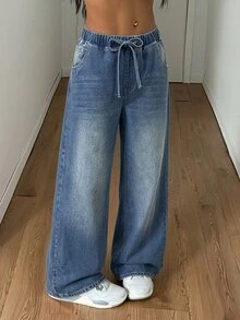 Jeanoix Light Blue Washed Full Elastic Waist Drawstring Wide Leg Jeans With Front Pockets, Back Machine-Stitched Double Pockets, Draped Floor-Length Casual Streetwear Versatile Long Pants - Medium Wash - View 1