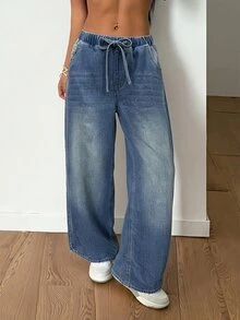 Jeanoix Light Blue Washed Full Elastic Waist Drawstring Wide Leg Jeans With Front Pockets, Back Machine-Stitched Double Pockets, Draped Floor-Length Casual Streetwear Versatile Long Pants - Medium Wash - View 4
