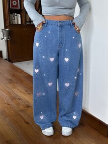 Rivivi Fashion Street Heart Rhinestone Wash Straight Leg Jeans - Medium Wash - View 3