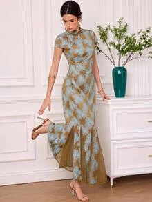 EastFlair Women's Floral Print Frog Button Design Chinese Style Elegant Casual Retro Long Dress Wedding Dinner Formal Party Cruise Vacation Brown Summer - Multicolor - View 8