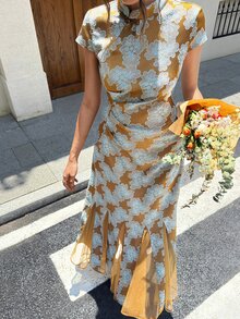 EastFlair Women's Floral Print Frog Button Design Chinese Style Elegant Casual Retro Long Dress Wedding Dinner Formal Party Cruise Vacation Brown Summer - Multicolor - View 3